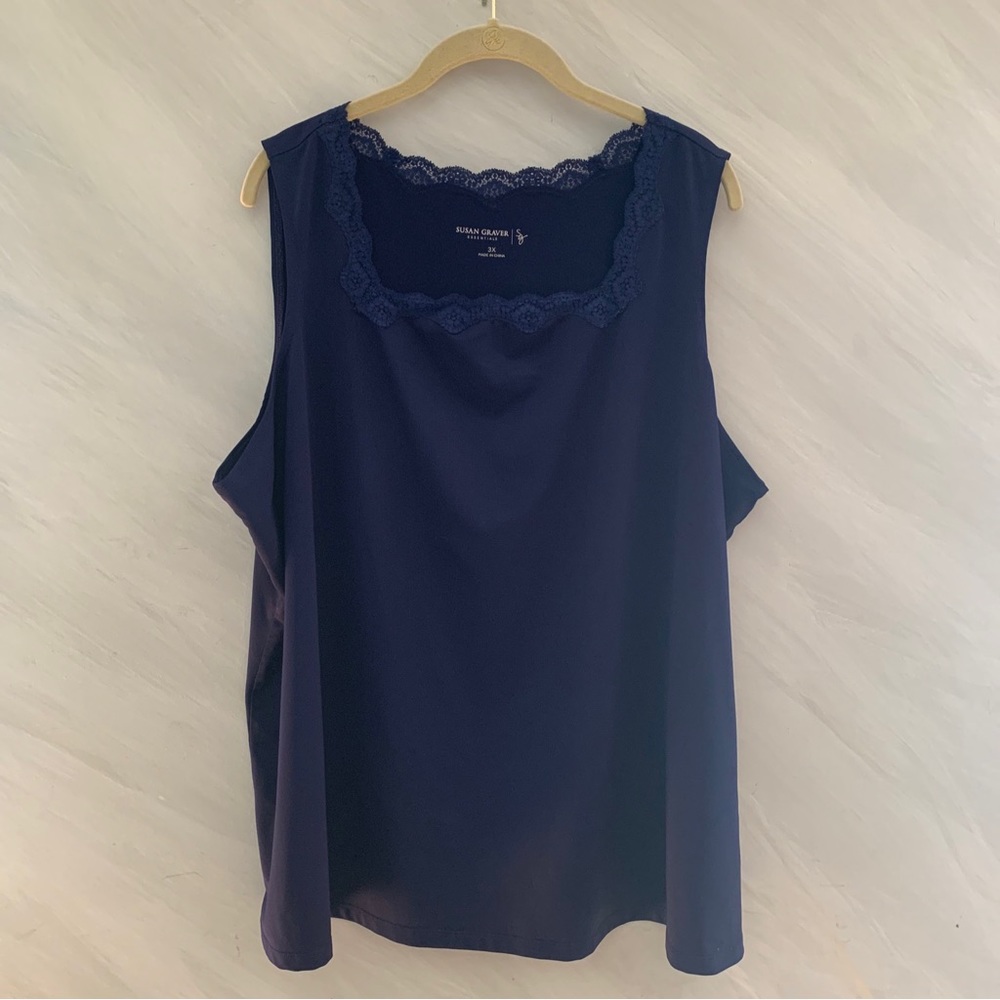 Susan Graver Essentials 3X Navy Blue Lace Square Neckline Sleeveless Blouse